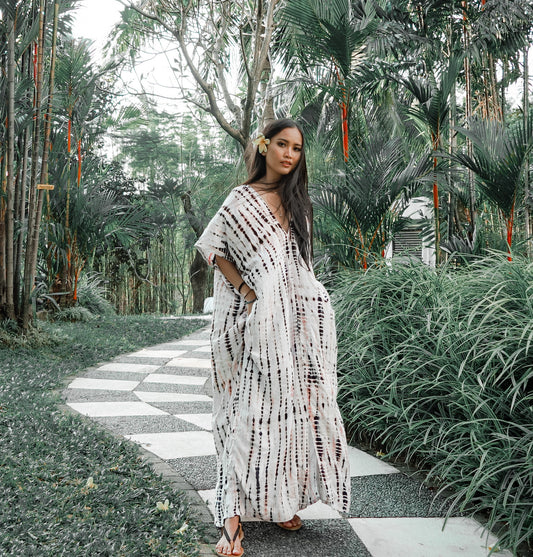 Alaia Caftan Dress with Pockets in White Tie Dye