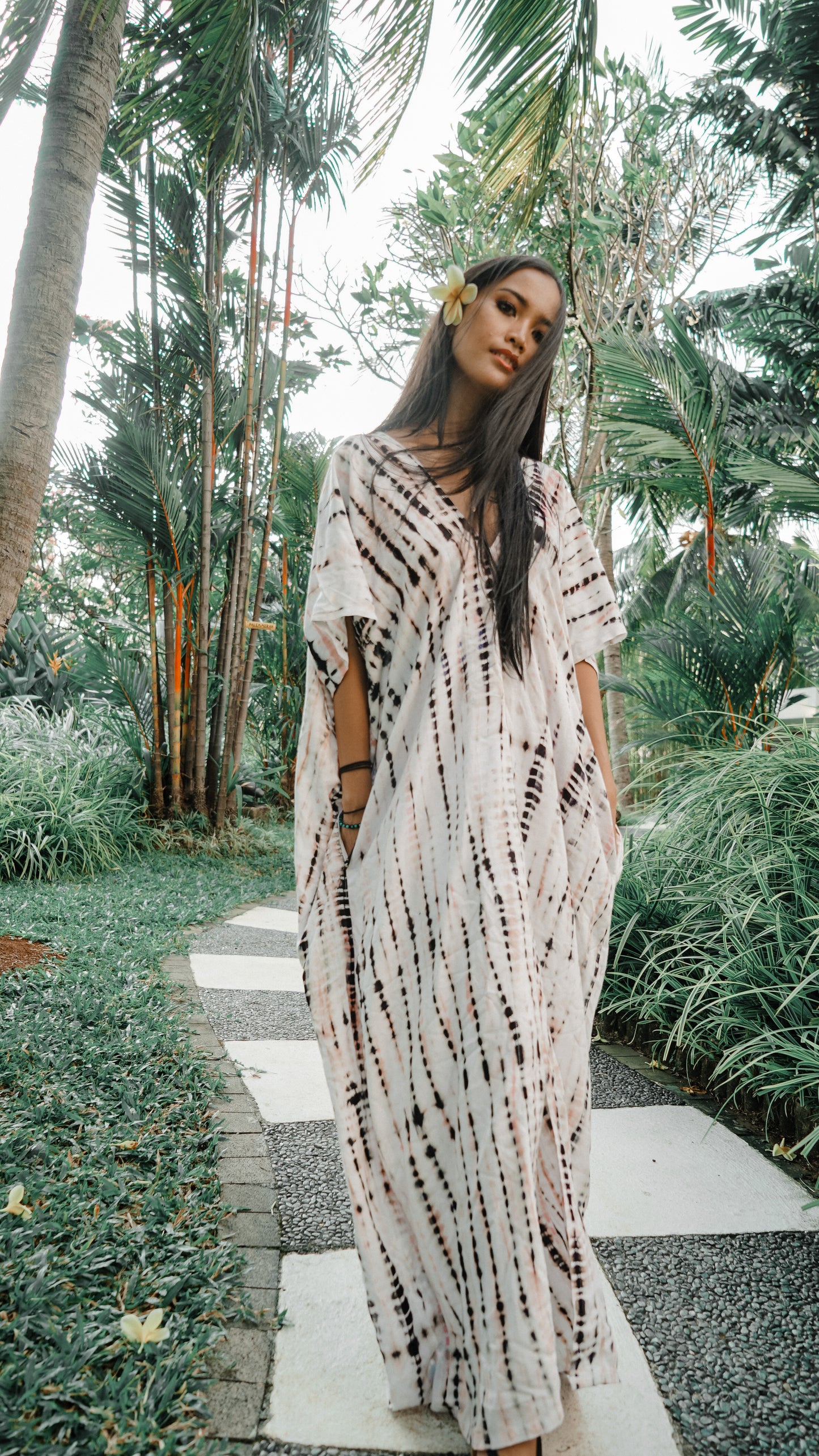 Alaia Caftan Dress with Pockets in White Tie Dye