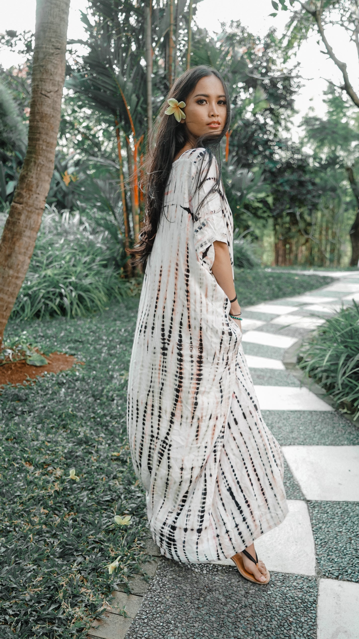 Alaia Caftan Dress with Pockets in White Tie Dye