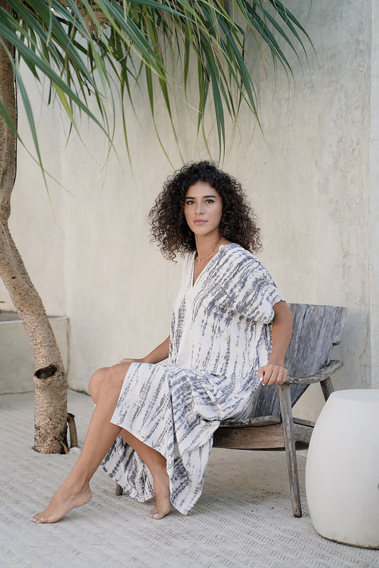 Alaia Caftan Dress with Pockets in White Grey
