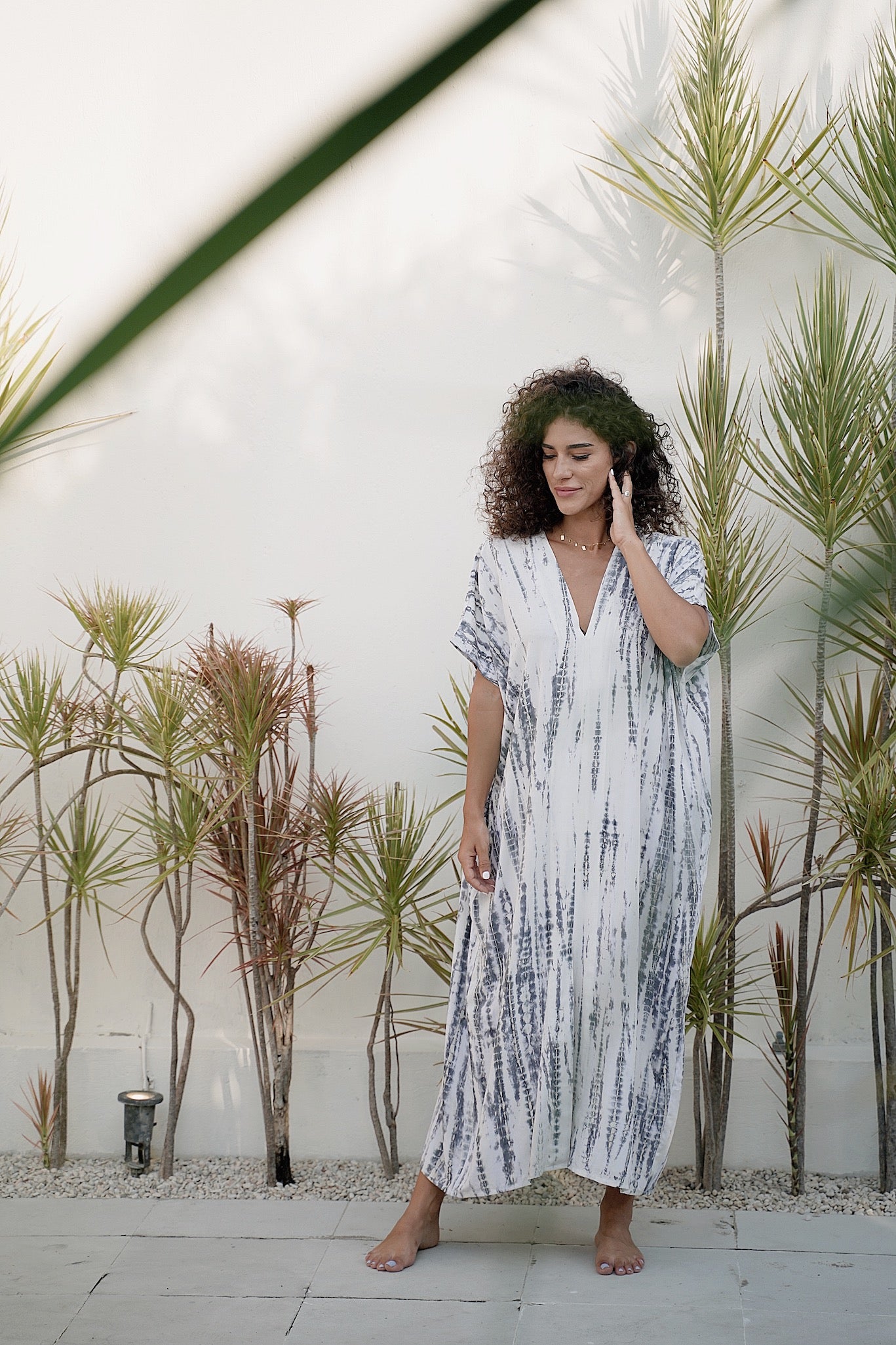 Alaia Caftan Dress with Pockets in White Grey