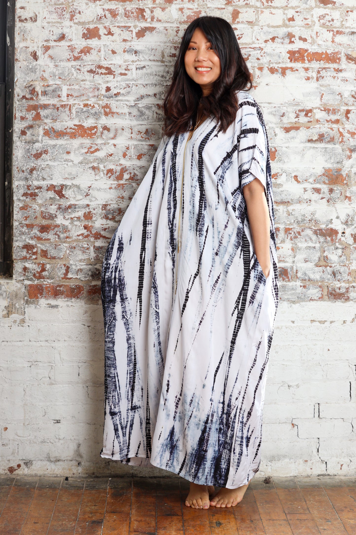 Alaia Caftan Dress with Pockets in Black Tie Dye