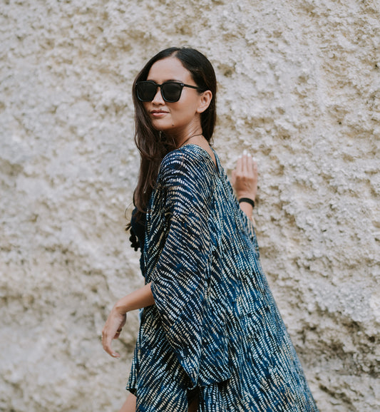 Hand-Stamped Kimono in Dark Blue
