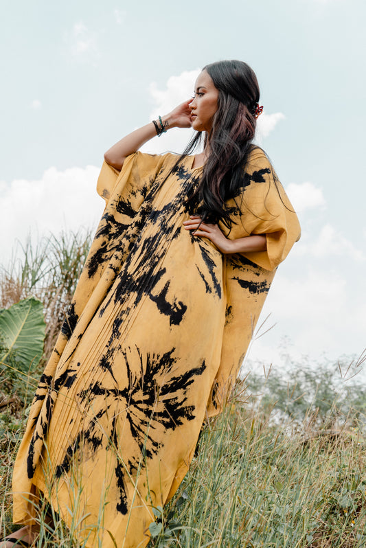 PREORDER Leia Hand Dyed Kaftan in Yellow Black