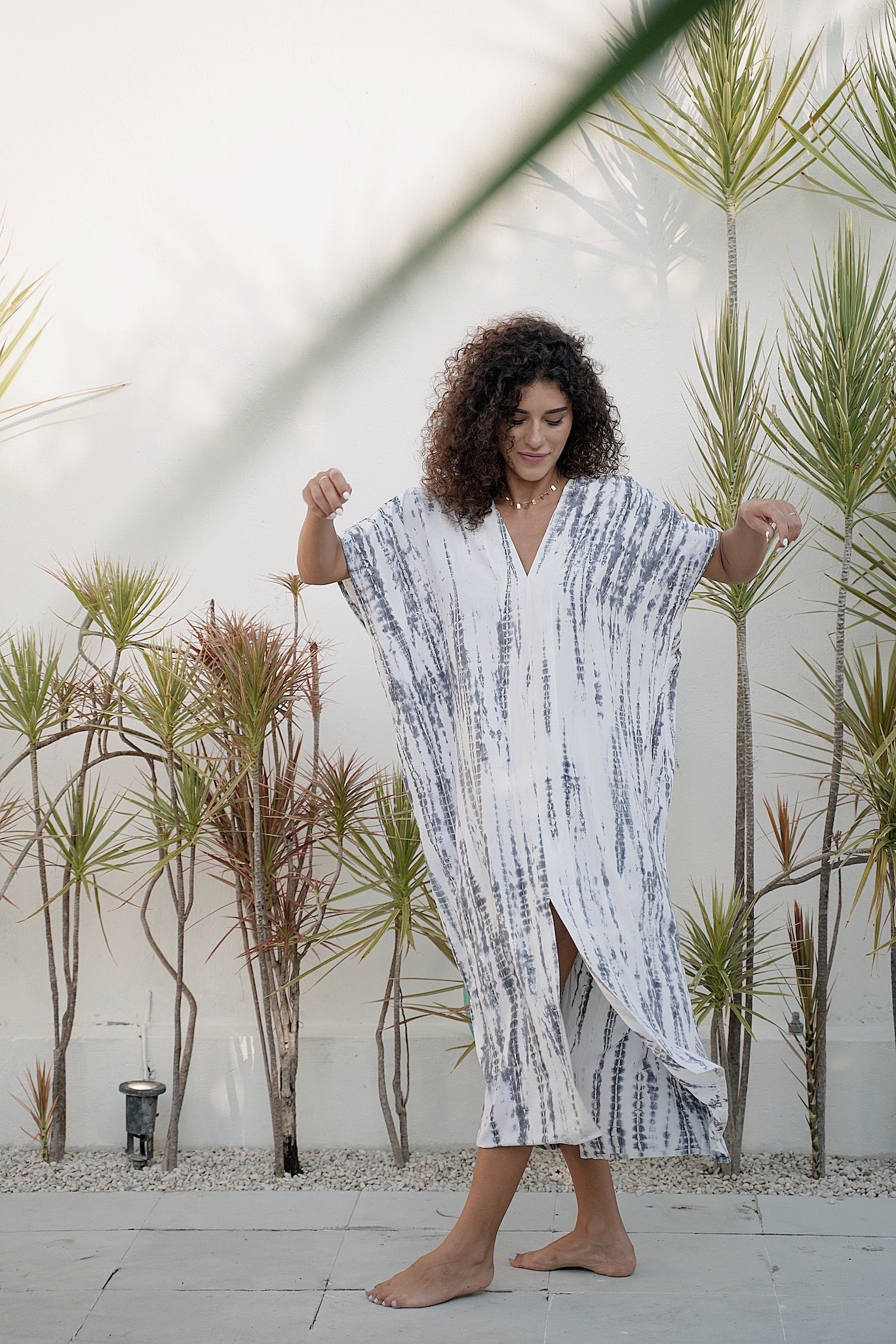 Alaia Caftan Dress with Pockets in White Grey